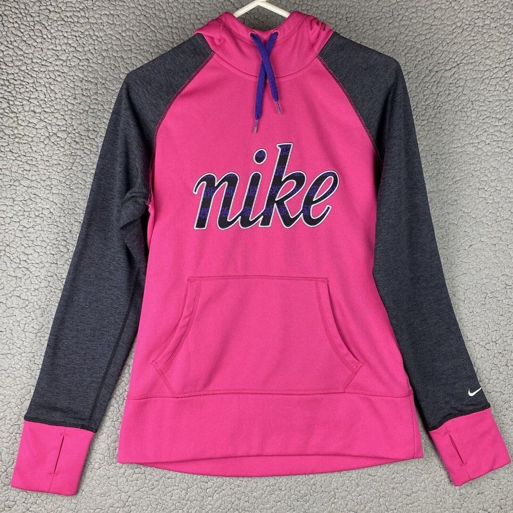 NIKE GFX Impact‎ Therma-Fit Hoodie Script Spellout Pink Womens M Thumbholes EUC